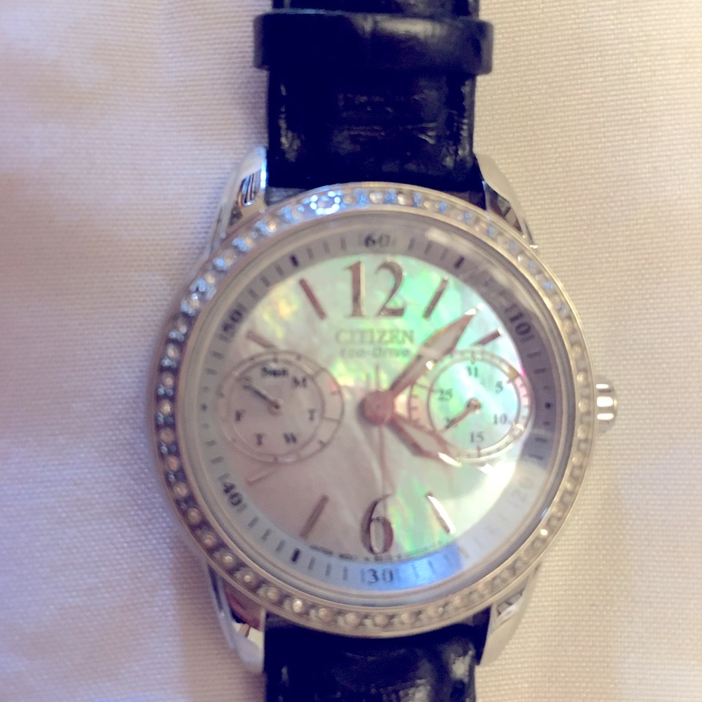 CitizenEco Silhouette Mother of Pearl dial Swarovski bezel black leather strap